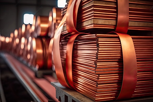 Stacks of cathode copper sheets Stacks of cathode copper sheets tied with ribbons on rail carriages in light warehouse at metal refinery plant